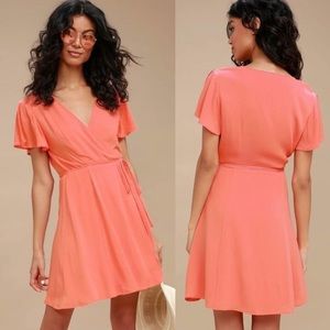 Lulu’s Habor Point Coral Pink Wrap Dress, size medium